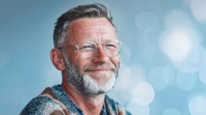 Smiling middle-aged man with glasses and gray beard looking confident against a soft blue bokeh background.