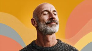 Peaceful middle-aged man with gray beard and closed eyes enjoying a calm moment against a warm abstract background.