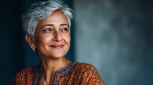 Serene senior woman with short silver hair smiling softly while looking to the side in natural light.