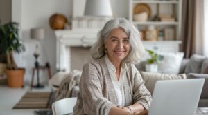 Smiling older woman with gray hair sitting at home using a laptop in a bright, cozy living room.