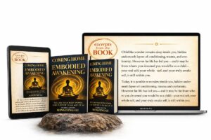 The book shown as hardcover, ebook and an excerpt open on a laptop